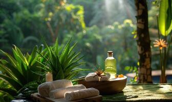 A tranquil spa retreat offering aloe vera infused facials and body treatments amidst lush greenery and natural surroundings photo