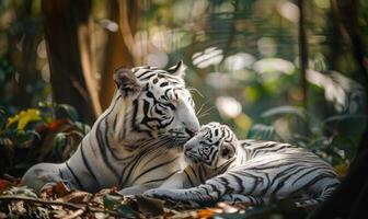 White tiger with cubs in the forest photo