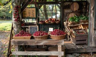 A quaint roadside stand selling baskets of ripe cherries photo