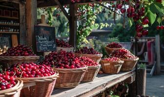 A quaint roadside stand selling baskets of ripe cherries photo