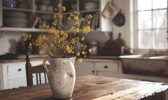 An old farmhouse kitchen with a simple enamel vase with yellow wild flowers photo