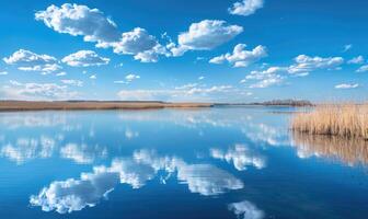 un sereno primavera lago reflejando el claro azul cielo y mullido blanco nubes foto