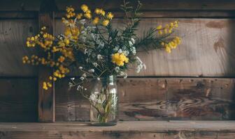 A rustic mantel adorned with a mason jar filled with Mimosa branches photo