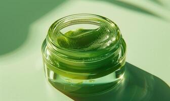 Close-up of a blank jar mockup filled with aloe vera face cream, skin care routine photo