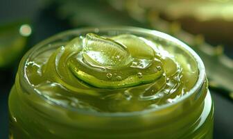 Close-up of a blank jar mockup filled with aloe vera face cream, skin care routine photo