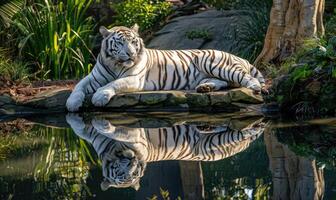 un blanco Tigre descansando graciosamente por un tranquilo estanque foto