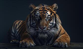 A Javan tiger portrait on black background photo