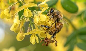 Close-up of a bee collecting nectar from laburnum flowers photo