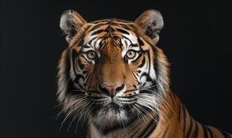 de cerca de un bengala-siberiano Tigre híbrido en estudio Encendiendo, Tigre en negro antecedentes foto