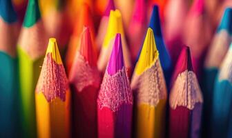 Close-up of a bunch of colored pencils, abstract background with colored pencils macro view photo