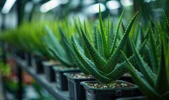 Aloe vera plants lining the shelves of a botanical shop photo