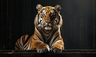 un amur Tigre planteado en un plataforma debajo estudio luces, negro antecedentes foto