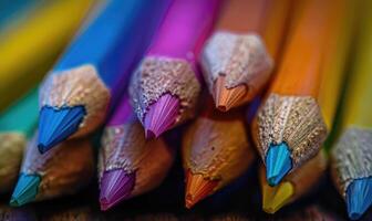 Close-up of a bunch of colored pencils, abstract background with colored pencils macro view photo