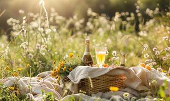 A rustic picnic setup in a sun-dappled meadow photo