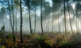 A misty morning in the pine forest, nature background photo