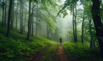 A person walking through a forest during a gentle rain photo