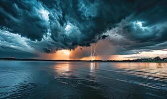 A summer thunderstorm brewing over the lake photo