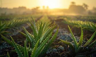 Aloe vera leaves being harvested from an organic farm photo