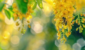 Close-up of a bee collecting nectar from laburnum flowers photo