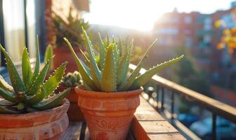 Aloe vera leaves in a pot, closeup view photo