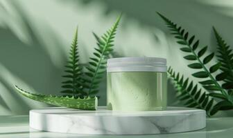 Aloe vera gel product promotion featuring a blank jar mockup showcased on a marble produce podium photo