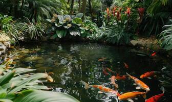 A tranquil koi pond surrounded by lush vegetation and blooming flowers photo