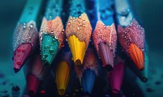 Close-up of a bunch of colored pencils, abstract background with colored pencils macro view photo