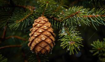 Close-up of a cedar cone nestled among the branches photo