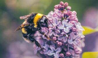 Close-up of a bumblebee pollinating lilac flowers photo