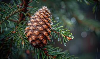 Close-up of a cedar cone nestled among the branches photo