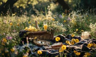 A rustic picnic setup in a sun-dappled meadow photo