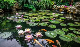 A garden pond adorned with koi fish swimming among water lilies and lush greenery photo