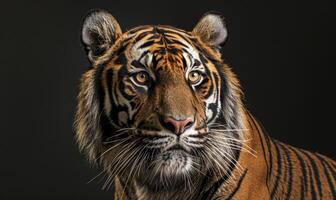 A Javan tiger portrait on black background photo