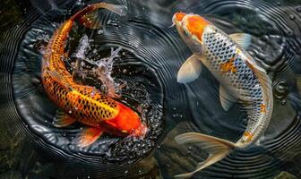 A pair of koi fish in the pond, closeup photo