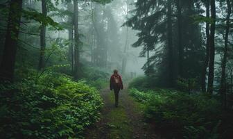 A person walking through a forest during a gentle rain photo