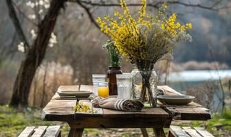 A rustic picnic setup in a sun-dappled meadow photo