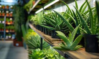 Aloe vera plants lining the shelves of a botanical shop photo