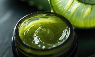 Close-up of a blank jar mockup filled with aloe vera face cream, skin care routine photo