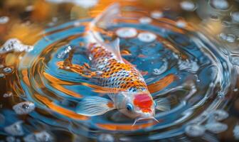 Close-up of a beautiful koi fish rising to the surface of the water photo