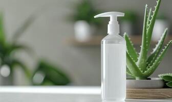 Close-up of a blank pump bottle mockup filled with aloe vera serum, beauty in nature, skin care and beauty photo