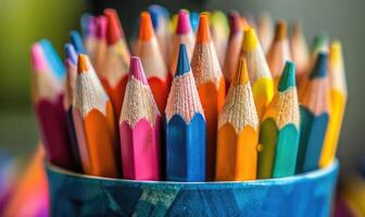 Close-up of a bunch of colored pencils, abstract background with colored pencils macro view photo