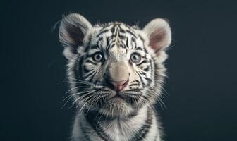 Close-up of a white tiger cub playing under studio lights photo