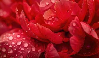 Close-up of a red peony with raindrops glistening on its petals photo