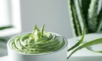 Close-up of a blank pump bottle mockup filled with aloe vera serum, beauty in nature, skin care and beauty photo