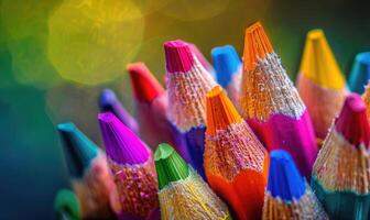 Close-up of a bunch of colored pencils, abstract background with colored pencils macro view photo