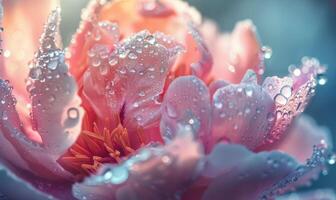Close-up of a peony flower with dewdrops sparkling in the morning light photo