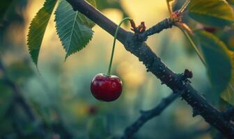 Close-up of a single ripe cherry hanging from a tree branch photo