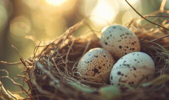 Close-up of a nest with speckled eggs photo