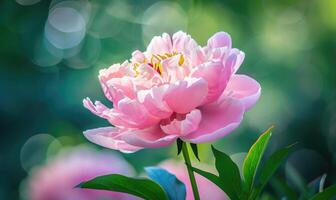 Close-up of a pink peony in full bloom in a garden photo