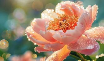 Close-up of a peony flower with dewdrops sparkling in the morning light photo